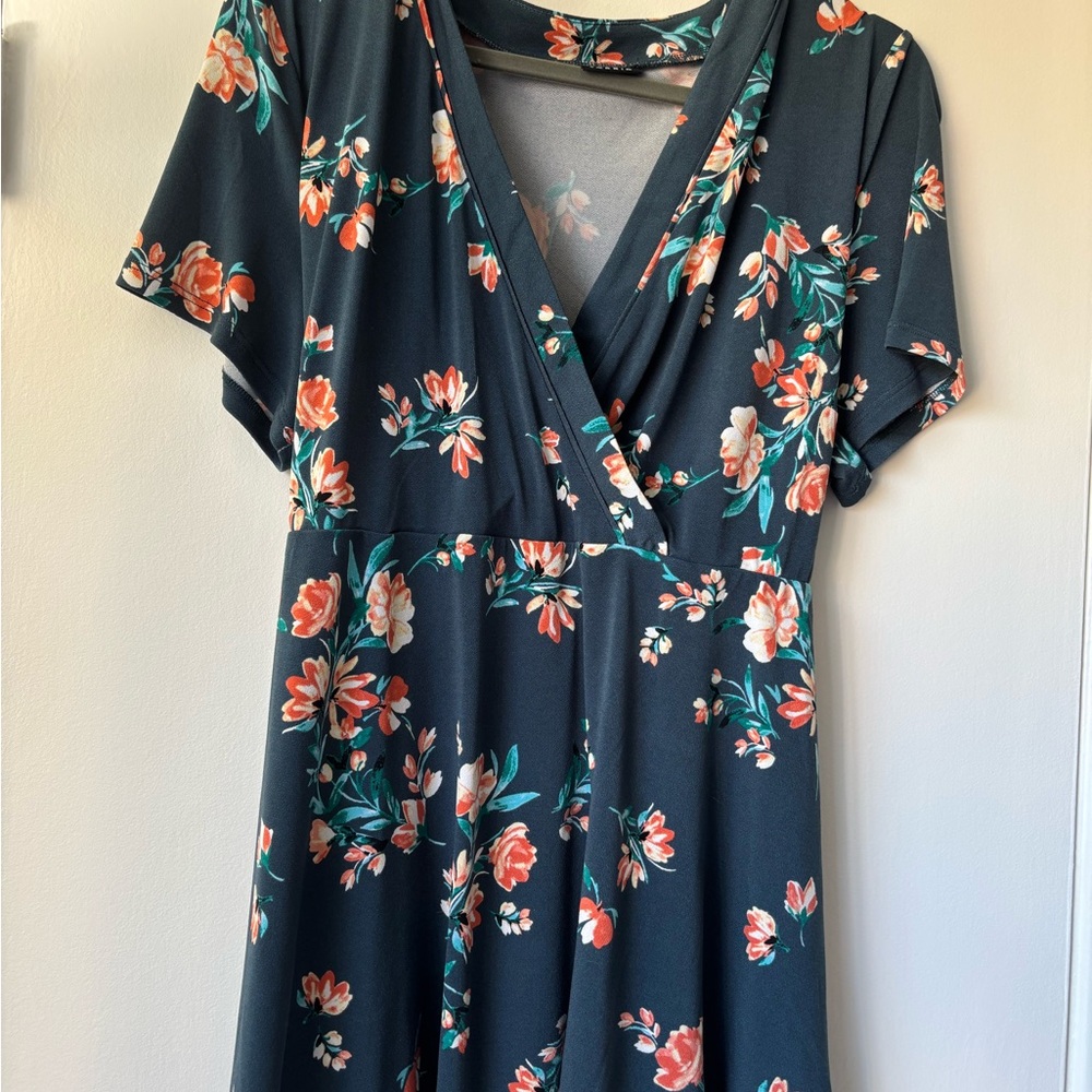 Floral Wrap Top in Dark Forest Green and Coral